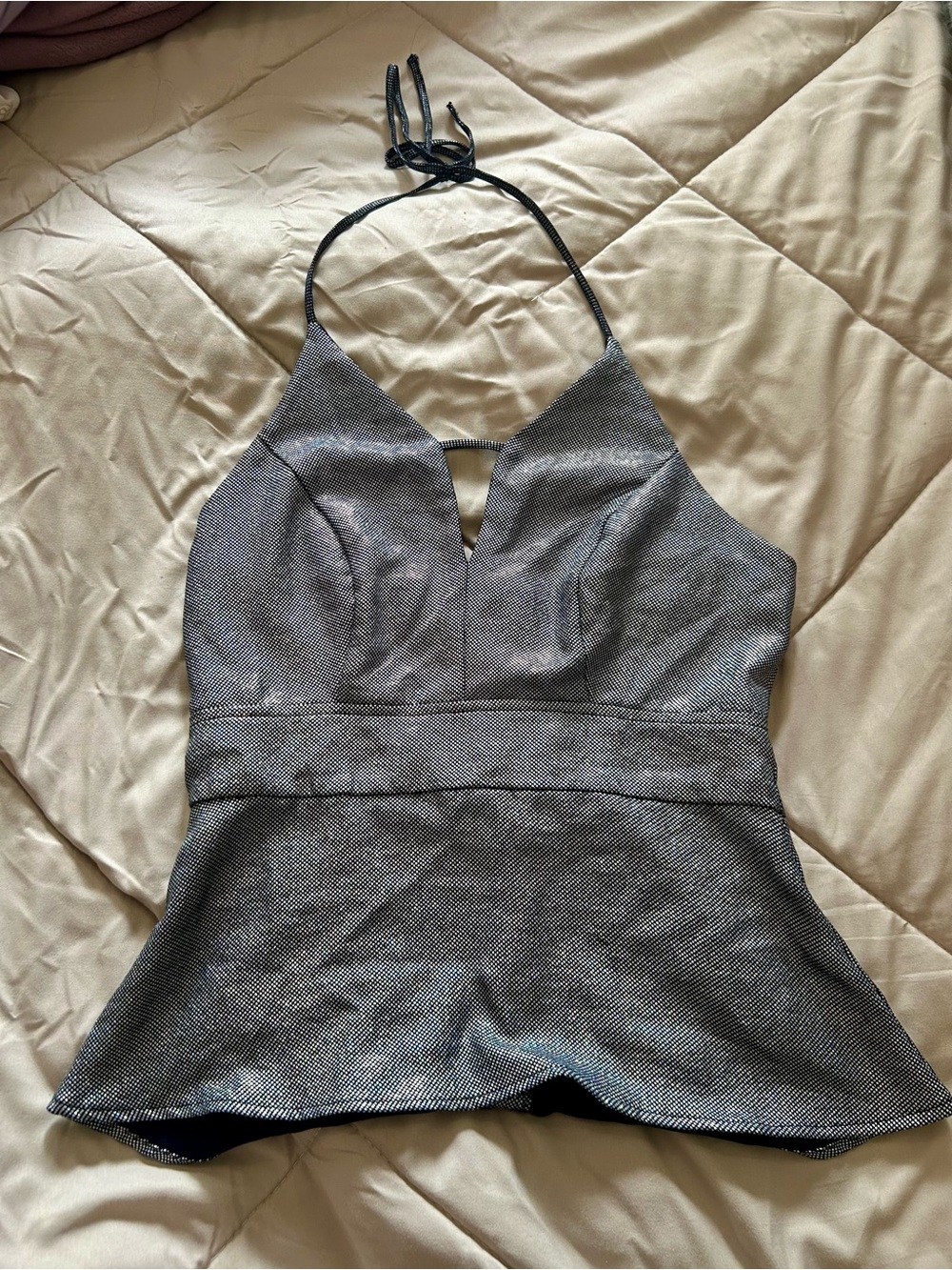 Express Metallic Silver Halter Peplum Tank